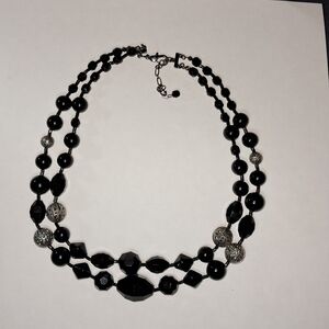 Black Multi-Strand Beaded Necklace w/ Silvertone Accents